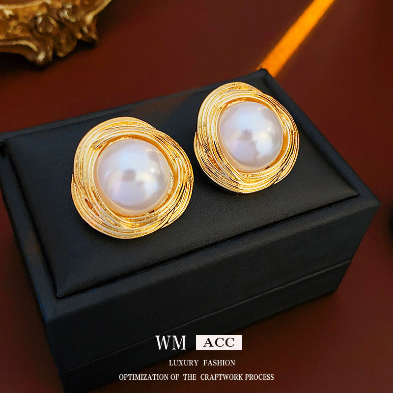 Vintage Geometric Metal Stud Earrings with Round Pearl Accents and Silver-Plated Posts for Women