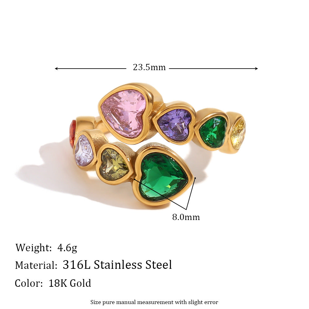 Anello in acciaio inossidabile a forma di cuore alla moda con placcatura in oro 18 carati e intarsi in zirconi per donna