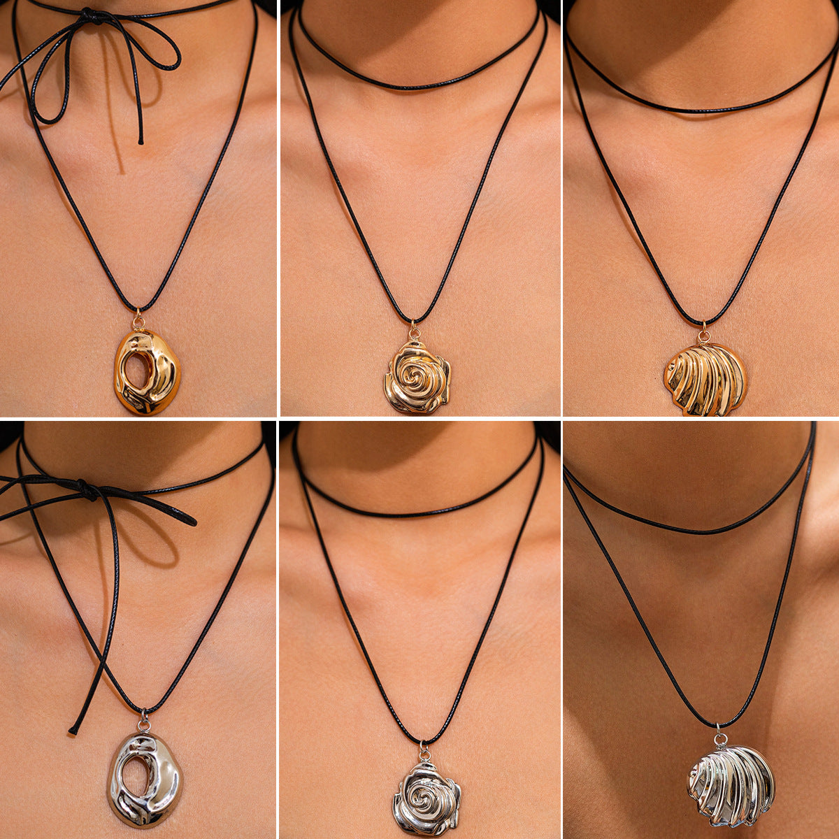 Hip-hop Geometric Hollow Out Alloy Plated Pendant Necklace with Wax Cord for Women