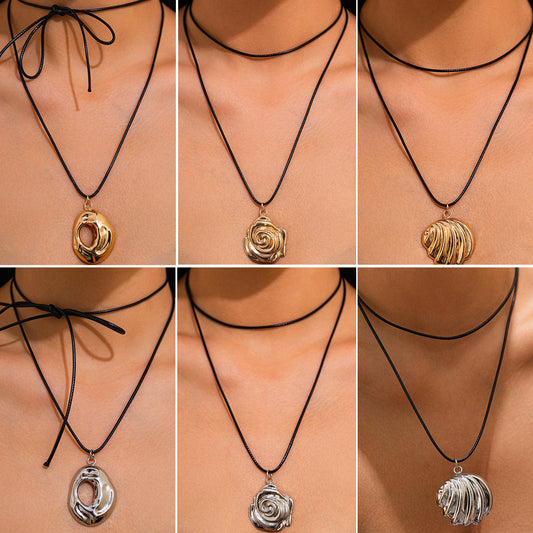Hip-hop Geometric Hollow Out Alloy Plated Pendant Necklace with Wax Cord for Women