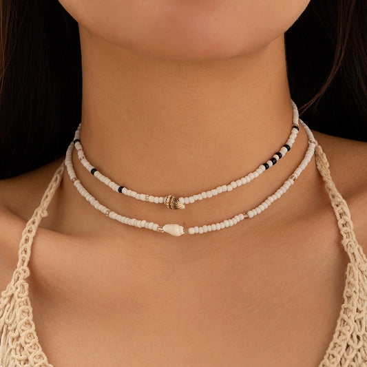 Ocean-Inspired Geometric Clavicle Necklace for Women with Pearl and Shell Inlay Handmade Ball Chain