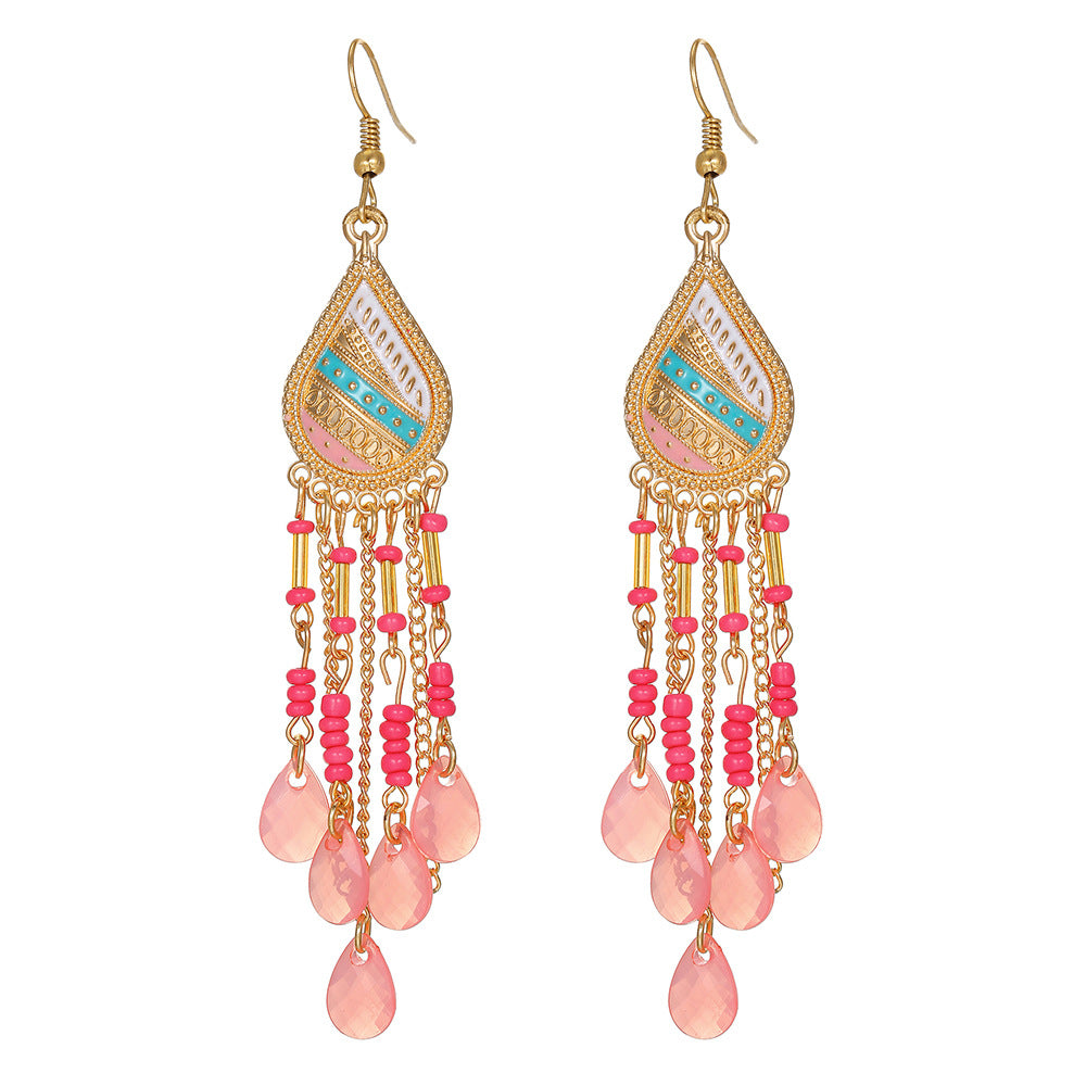 Bohemian Ethnic Teardrop Geometric Seed Bead Tassel Alloy Plated Earrings for Unisex