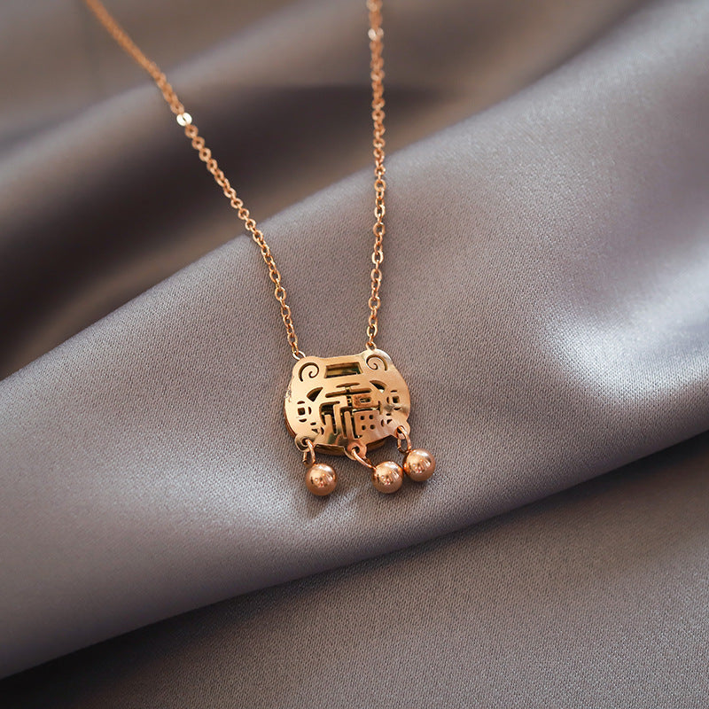 Geometric Longevity Lock Pendant Necklace for Women in Titanium Steel with 18K Rose Gold Plating