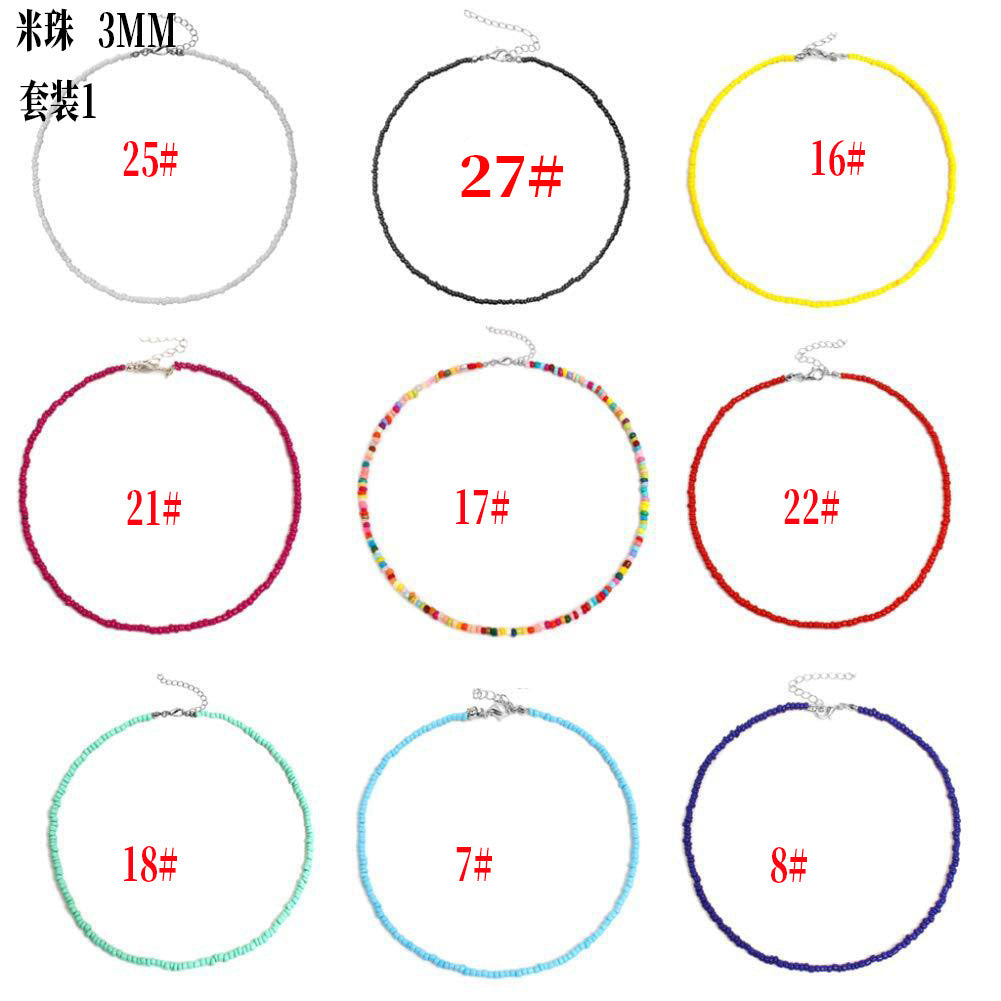 Bohemian Geometric Round Seed Beads Necklace Solid Color Short Choker for Women