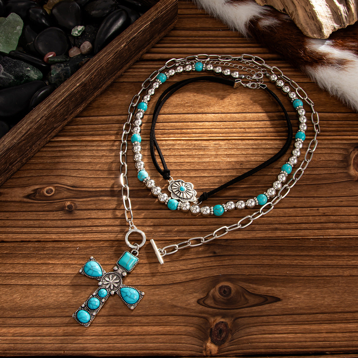 Bohemian Vintage Alloy Plated Bull Head Cross Pendant Necklace with Faux Turquoise Inlay for Women