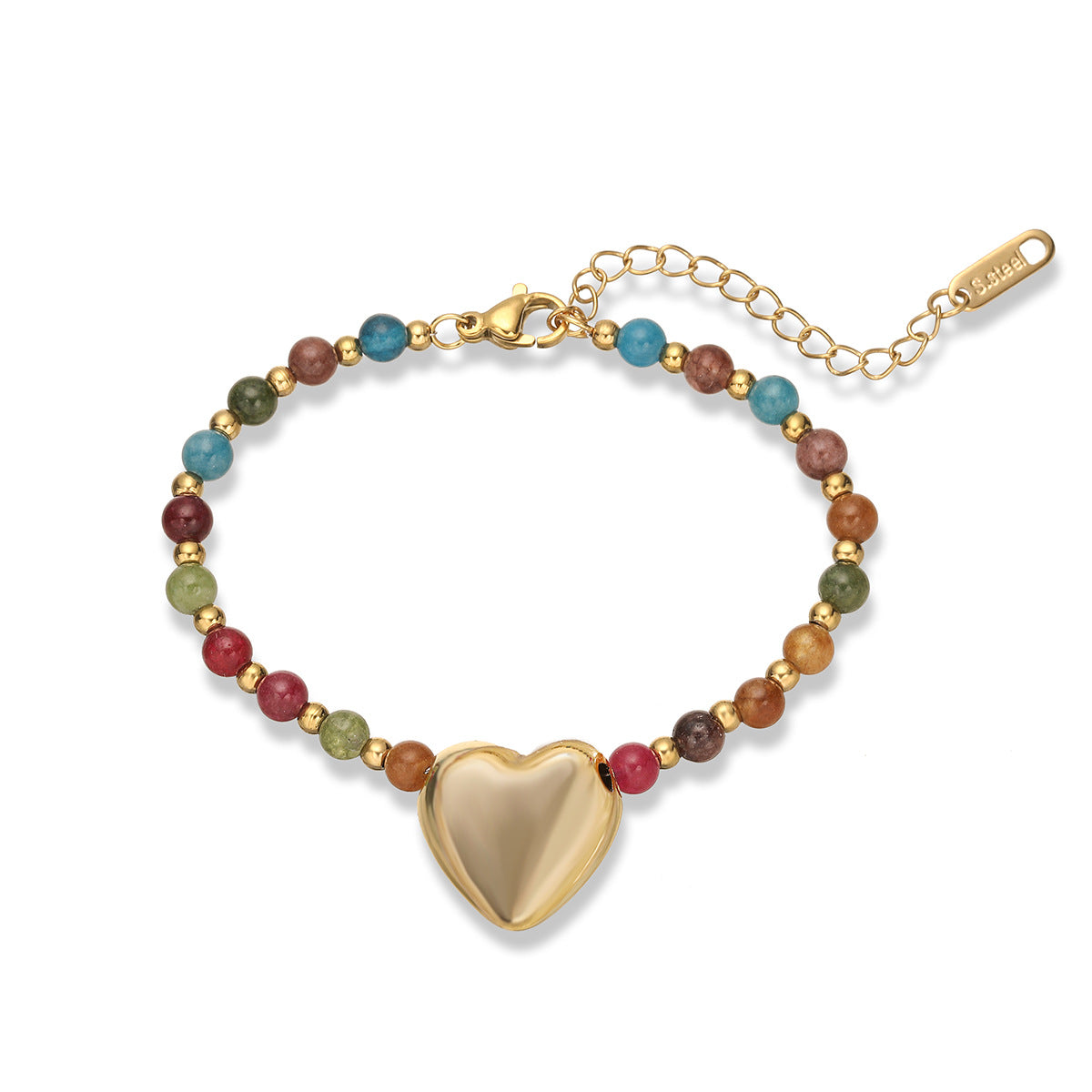 Bracciale da donna in acciaio inossidabile a forma di cuore con perline e finitura placcata, con dettagli in cristallo irregolare