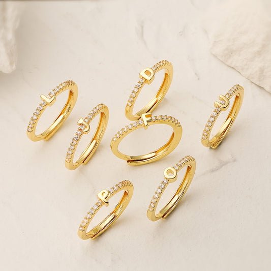 Minimalist Geometric Copper Ring with 18K Gold Plating and Cubic Zirconia, Adjustable Letter Design for Women