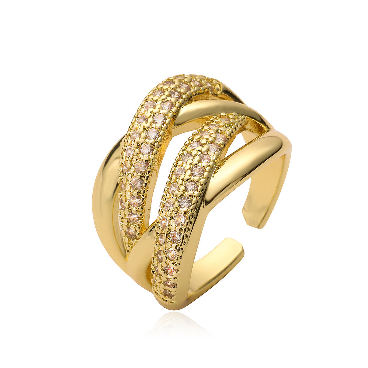 Anello aperto geometrico minimalista da donna in ottone con zirconi micro-pavé