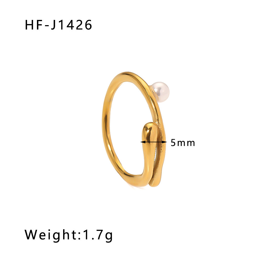 Anello da donna in acciaio inossidabile placcato oro 18 carati con perle d'acqua dolce geometriche irregolari, stile minimalista francese