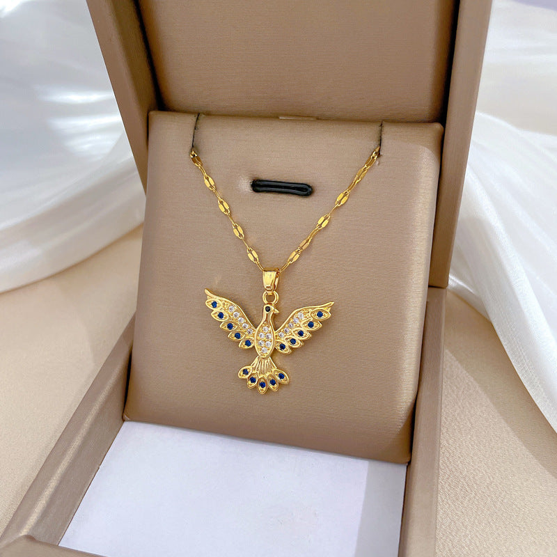 Collana con Ciondolo Fenice Geometrica Minimalista in Acciaio al Titanio con Intarsio di Strass per Donna e Uomo