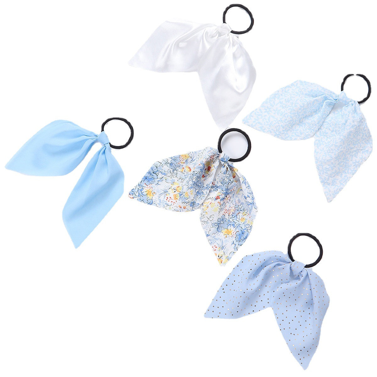 Set di elastici per capelli a fiocco azzurro pastello, fatti a mano per bambine, in tessuto con paillettes e motivo floreale