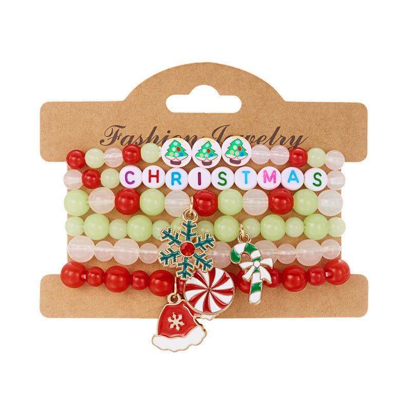 Bracciale Elastico Natalizio alla Moda con Perline in Lega e Ciondoli a Forma di Fiocco di Neve, Renna e Babbo Natale per Donna