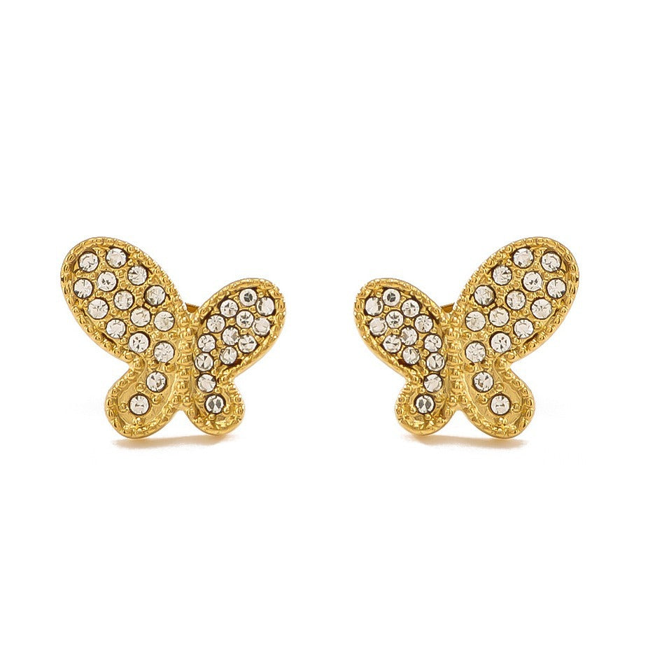 Minimalist Butterfly-Shaped Stainless Steel Earrings with Rhinestone Inlay Asymmetrical Design Hypoallergenic 18K Gold Plated