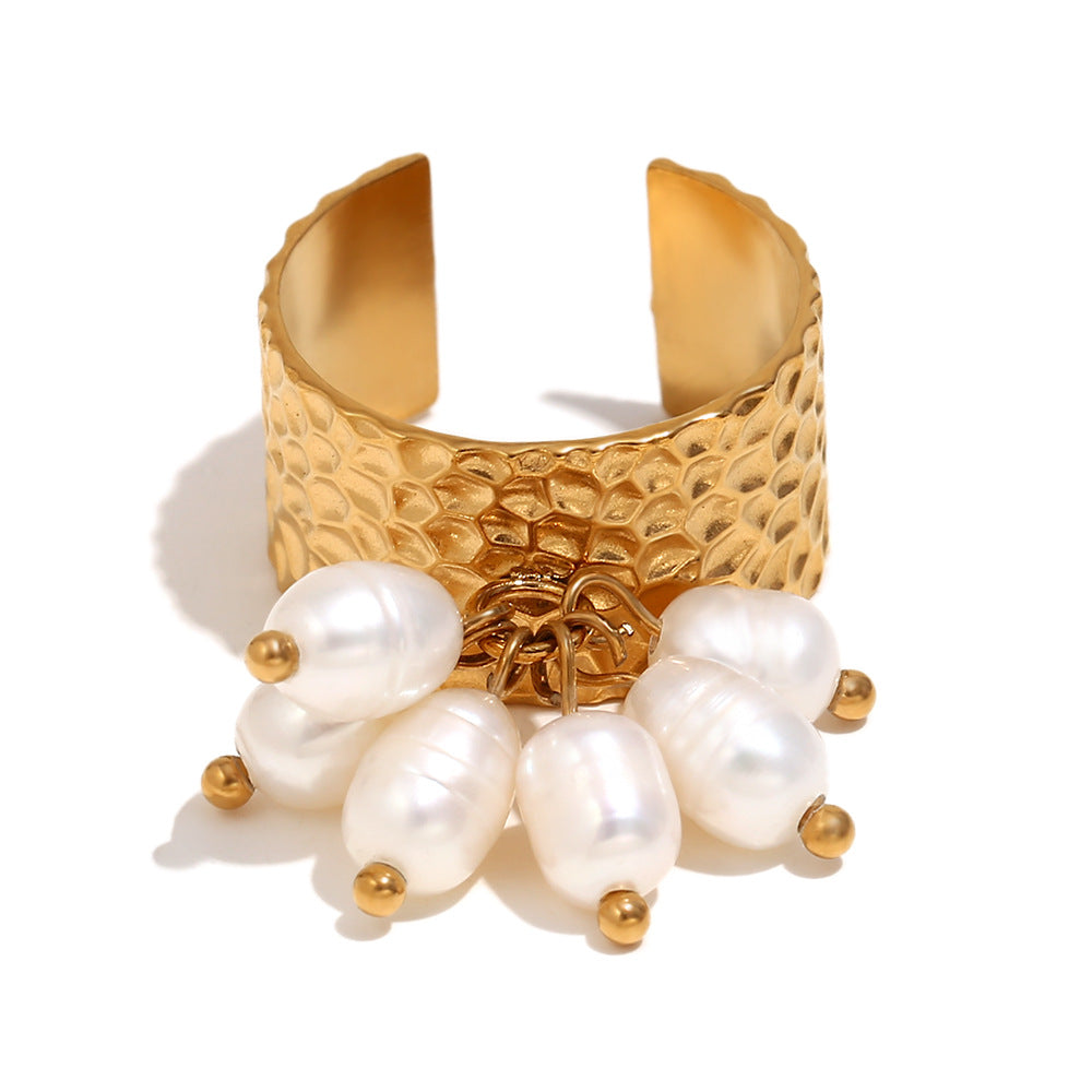 Vintage-Inspired Geometric Stainless Steel Ring with 18K Gold Plating, Pearl Dangle, and Hammered Texture