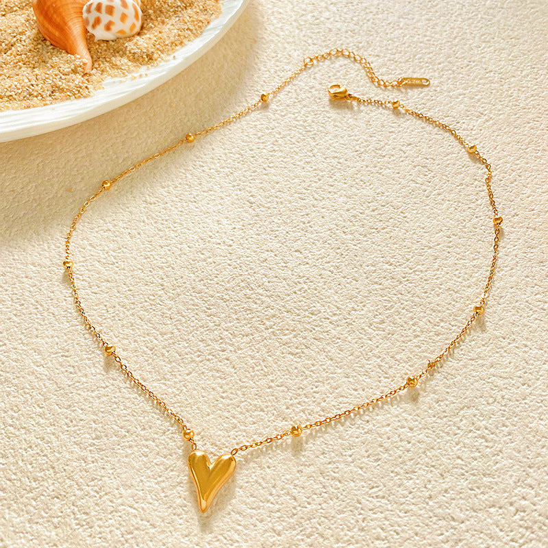 Minimalist Titanium Steel Heart Pendant Necklace with Beads