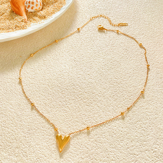 Minimalist Titanium Steel Heart Pendant Necklace with Beads