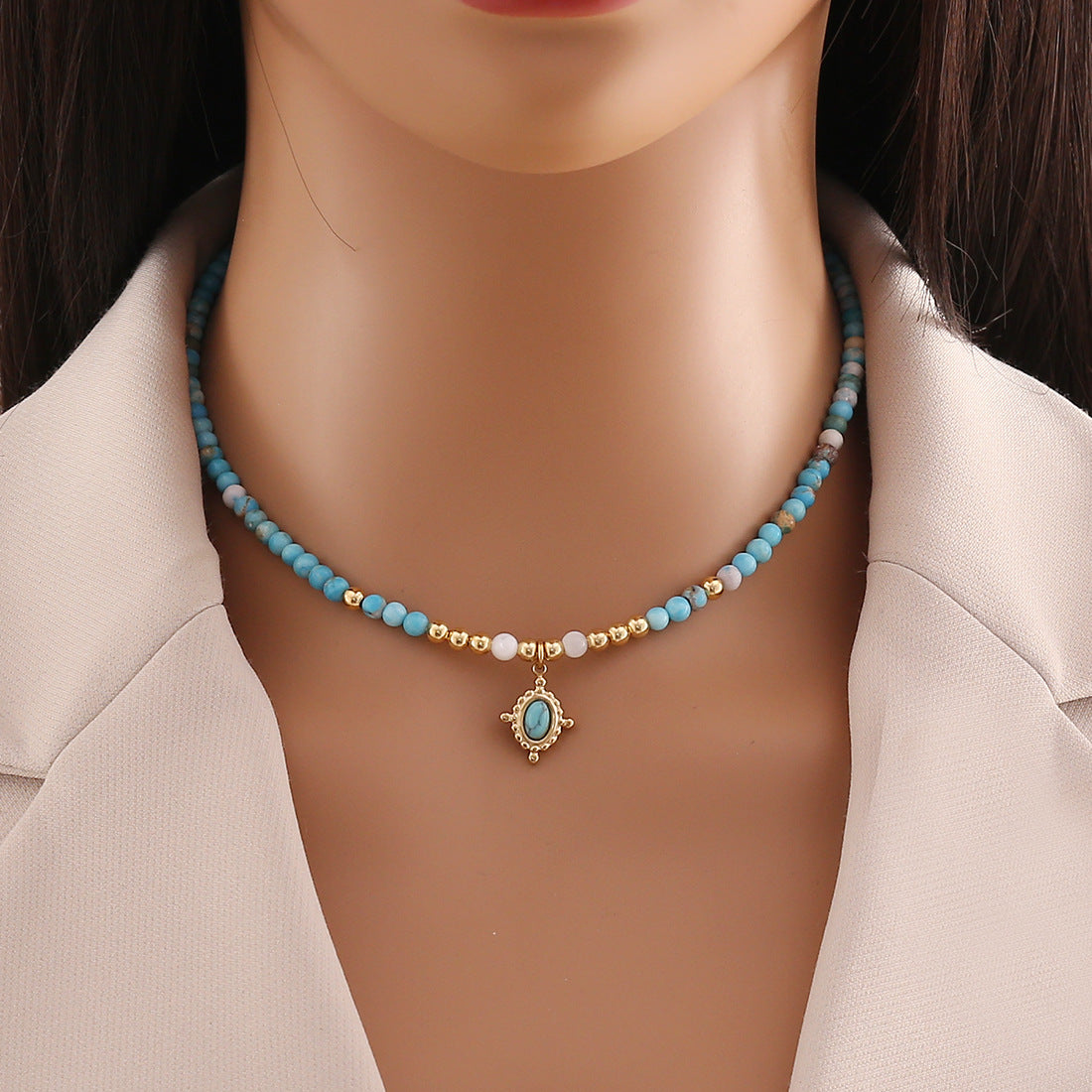 Original Design Geometric Natural Stone Beaded Necklace with Stainless Steel Clavicle Chain for Women
