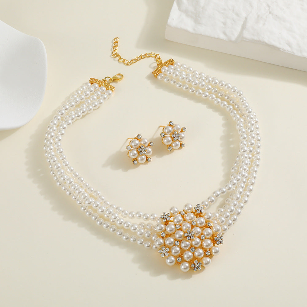 Elegant Floral Pearl Necklace and Earrings Set for Women Lightweight Luxury Style Multi-Strand Pearl Choker with Alloy Pendant and Beaded Construction