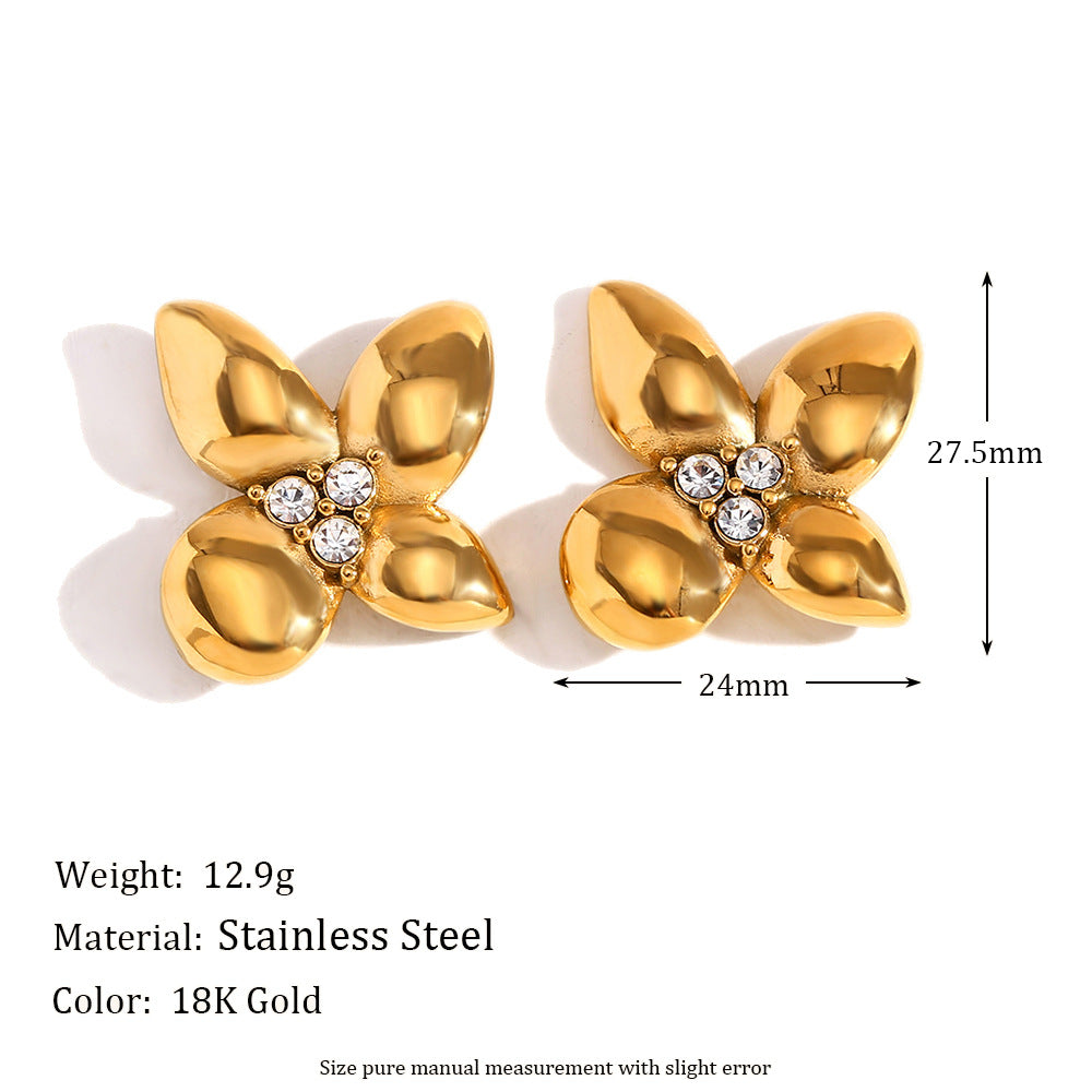 Orecchini da donna in acciaio inossidabile placcati oro 18 carati con strass bianchi microincastonati a motivo floreale alla moda