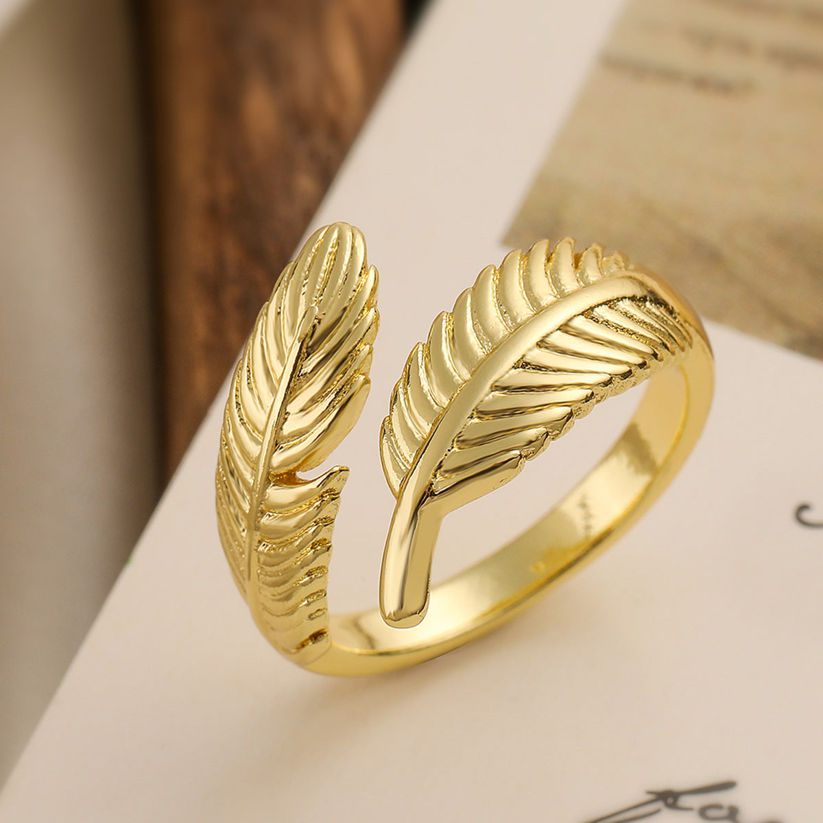 Minimalist Geometric Gold Plated Brass Leaf Open Ring for Women