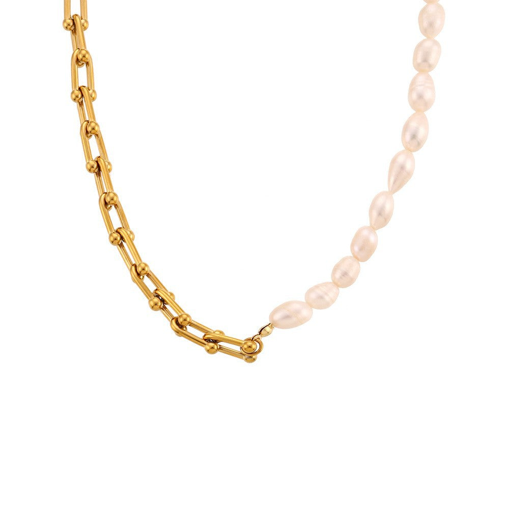 Minimalist Geometric Pearl Pendant Necklace and Bracelet Set in Titanium Steel with Plated Finish for Women