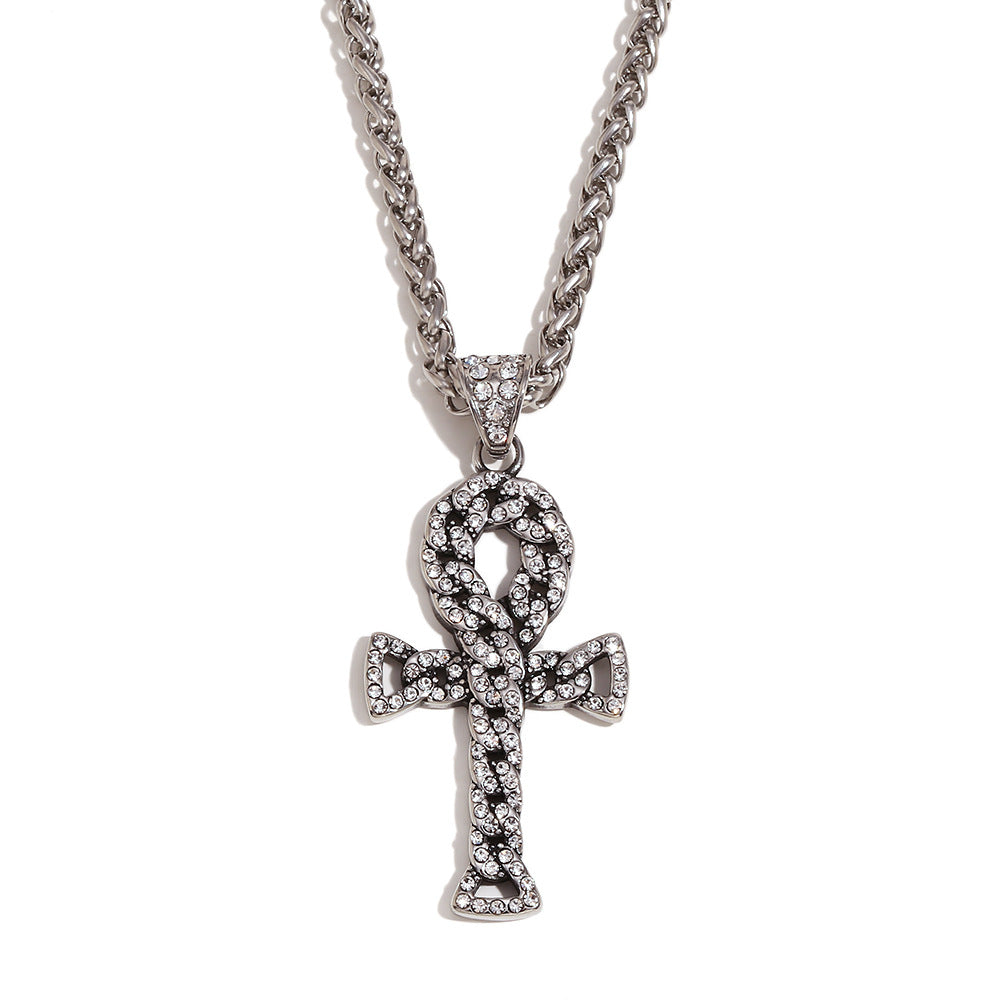 Collana con ciondolo a croce geometrica in stile retrò Hip-Hop da uomo, base in acciaio inossidabile con placcatura in oro 18 carati e intarsio completo di strass