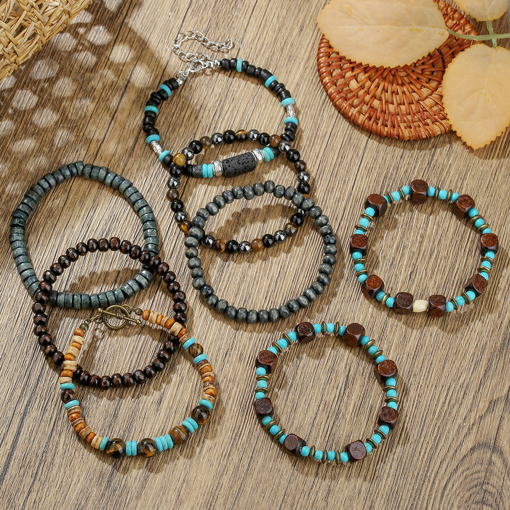 Vintage Round Wood Beaded Bracelet with Turquoise Inlay Unisex Multi-Layer Set