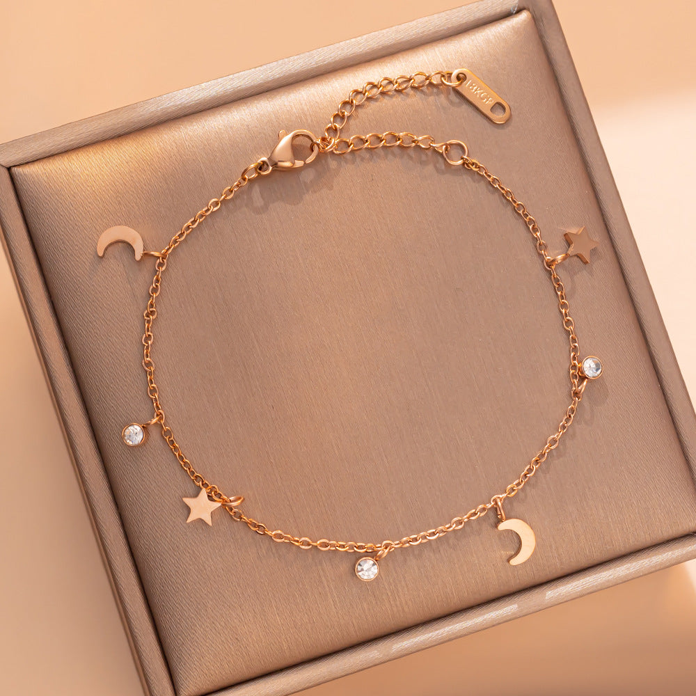 Bracciale geometrico minimalista con stelle e luna in acciaio al titanio placcato oro 18 carati da donna