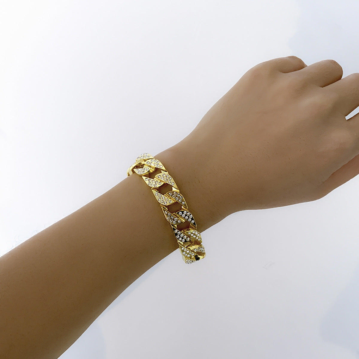 Vintage Punk Hip-hop Geometric Rhinestone Inlay Alloy Cuban Link Chain Bracelet for Women
