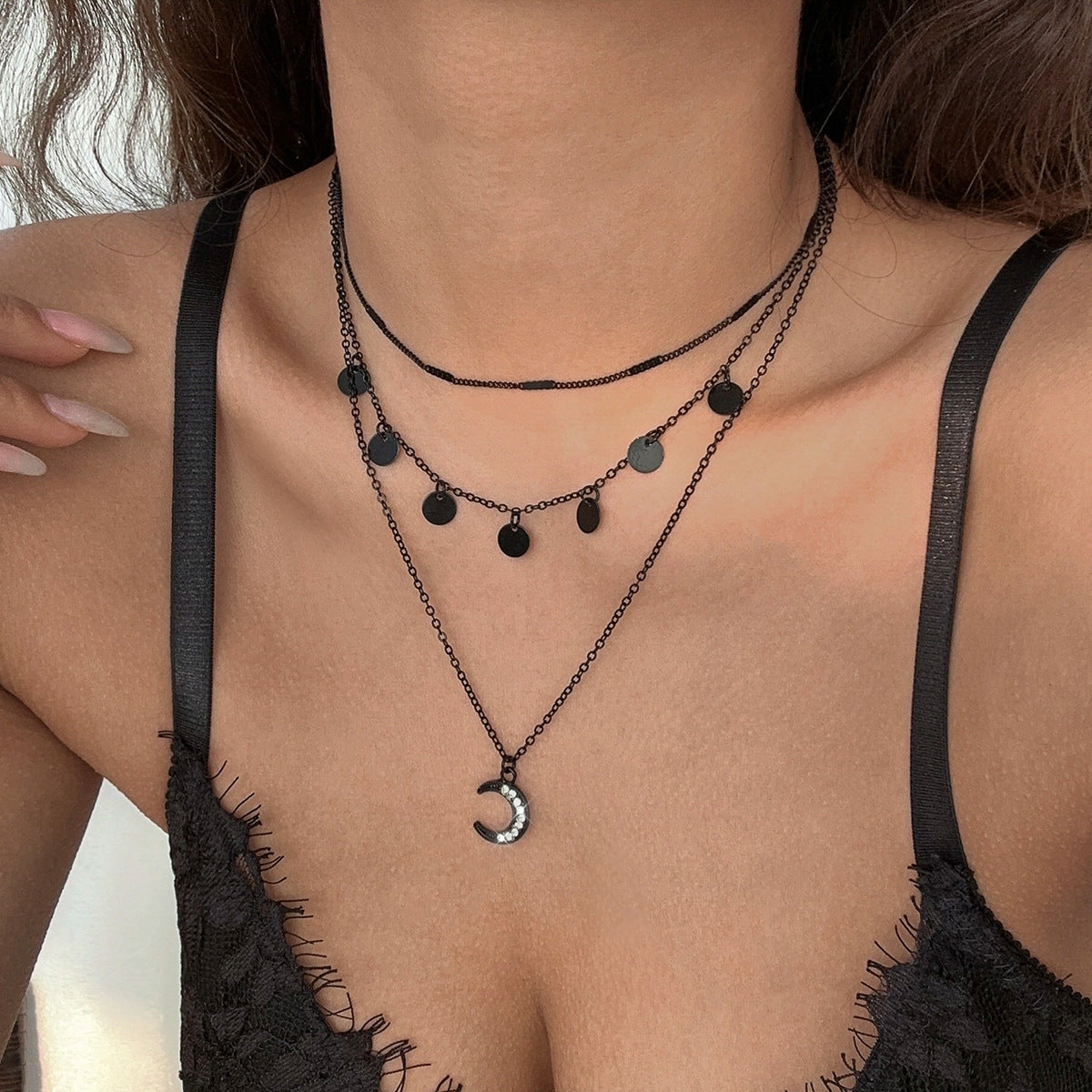 Minimalist Sweet Star Heart Rhinestone Alloy Pendant Plated Brass Curb Chain Layered Necklace for Women