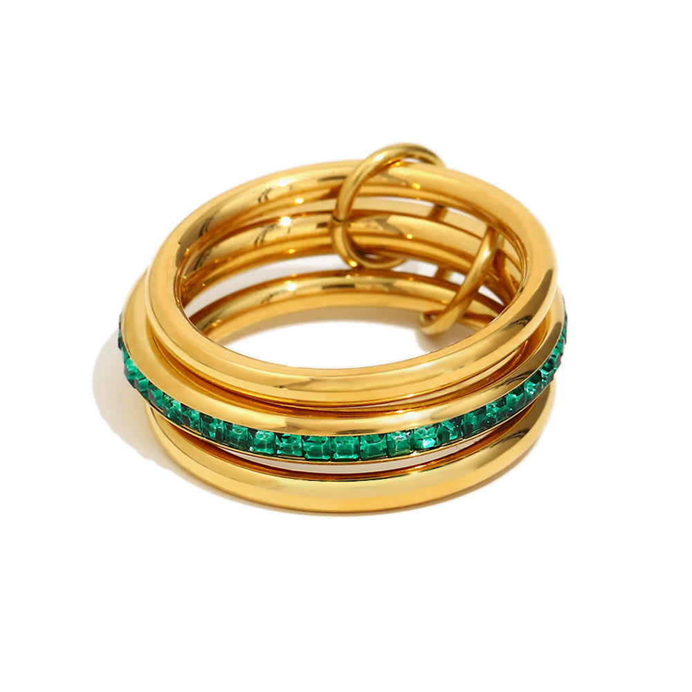 Fashionable Geometric Stainless Steel Plated 18K Gold Cross and Star Pendant Ring with Zircon Inlay for Women