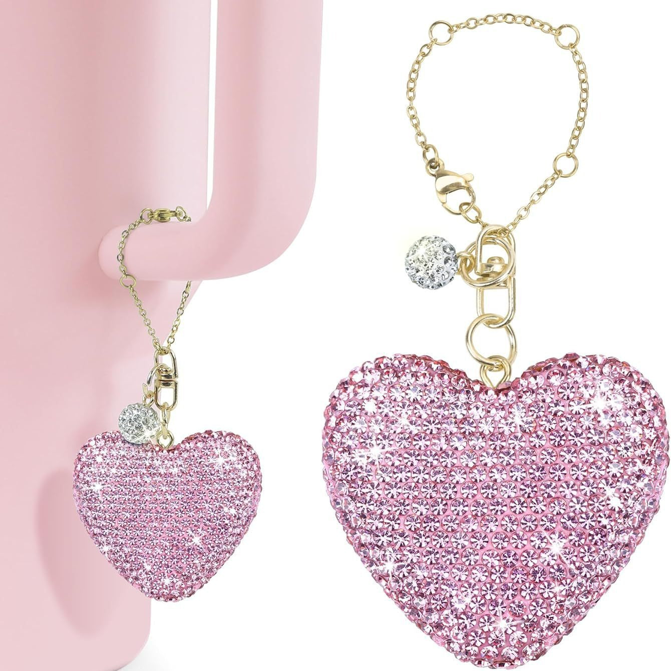 Rhinestone Inlaid Heart and Teardrop Ceramic Charm Bar with Stainless Steel Chain