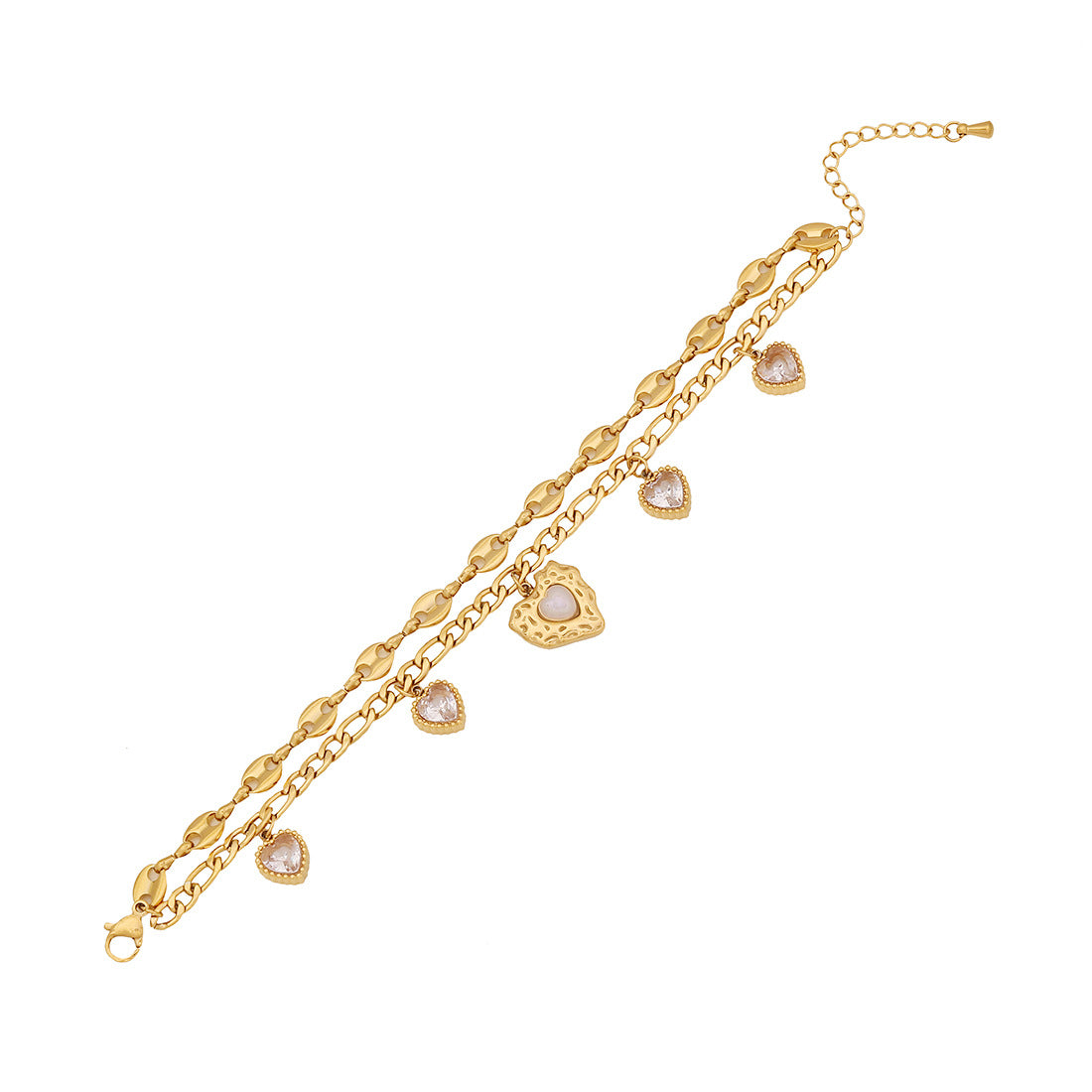 Bracciale Personalizzato a Doppio Strato in Acciaio Inossidabile con Fiocco, Stella, Luna e Cuore, con Intarsio di Strass e Design a Catena a Naso di Maiale per Donna