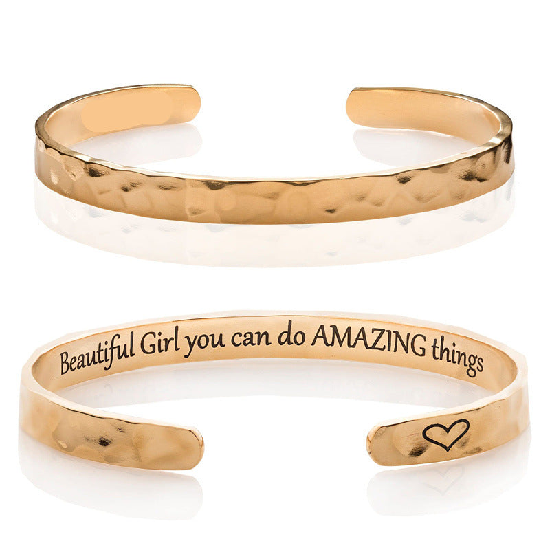 Minimalist Stainless Steel Engraved Open Moon Surface Textured Hammered Bracelet