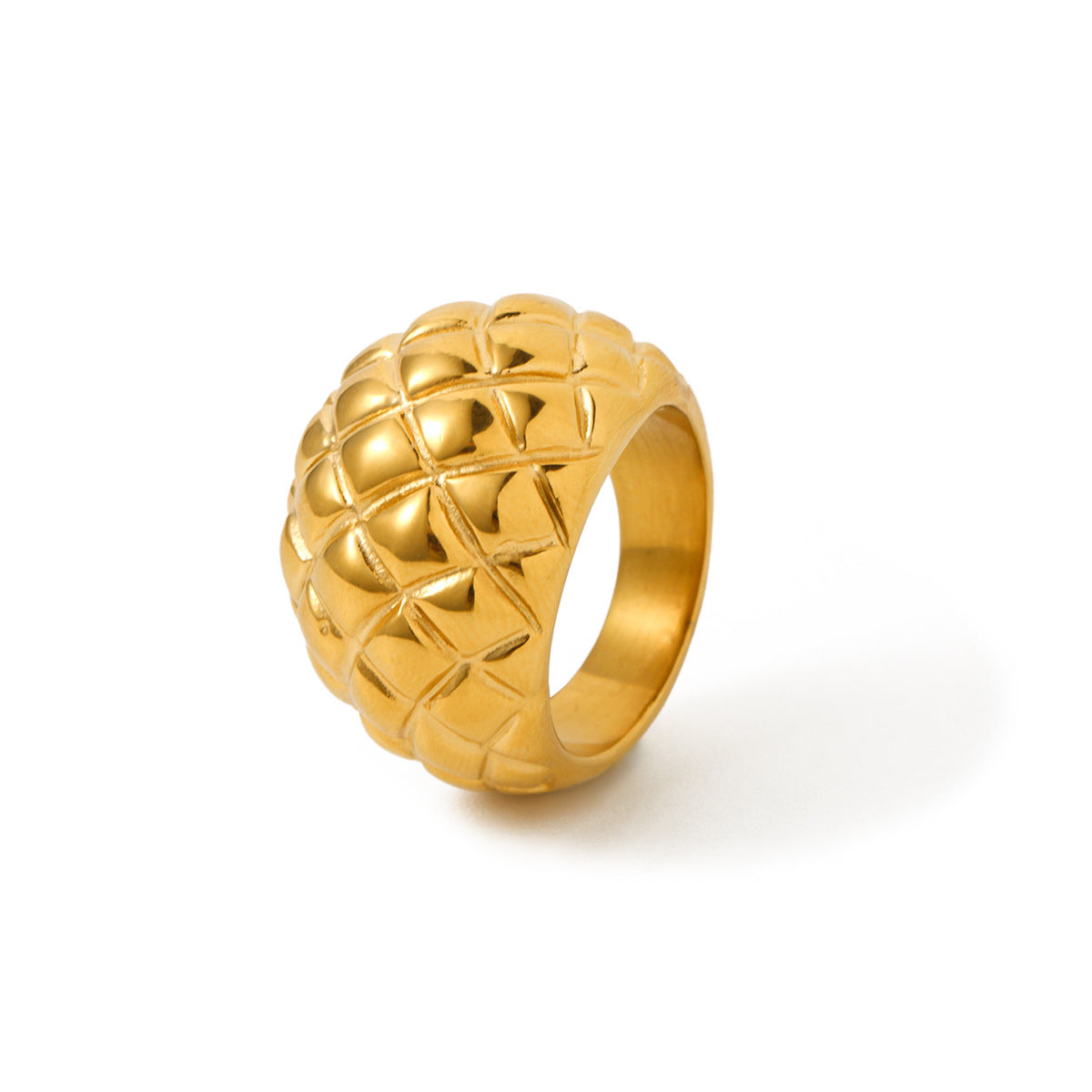 Minimalist Geometric Titanium Steel Ring with 18K Gold Plating and Diamond-Grid Texture for Women