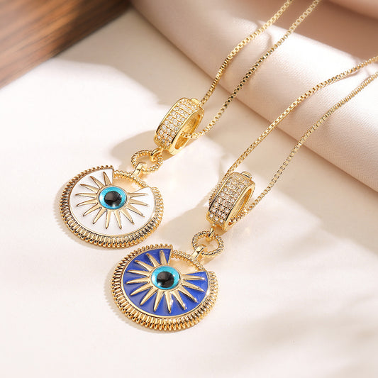 Vintage Geometric Gold Plated Brass Drip Oil Cubic Zirconia Evil Eye Pendant Necklace for Women