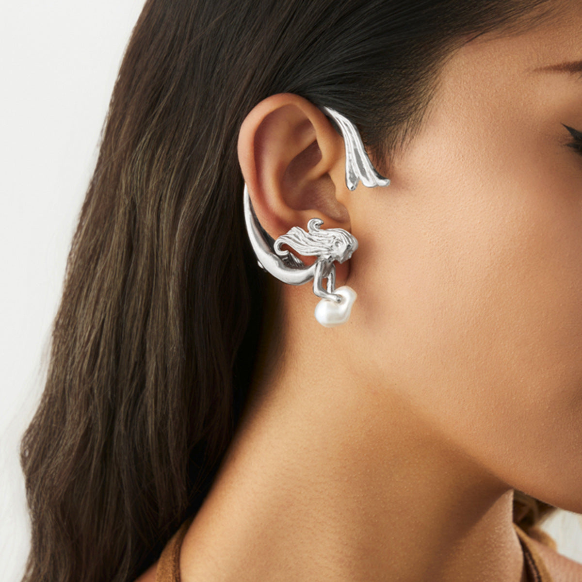 Minimalist Angel Mermaid Clip-On Earrings for Women with Imitation Pearl Accents and Electroplated Steel Posts