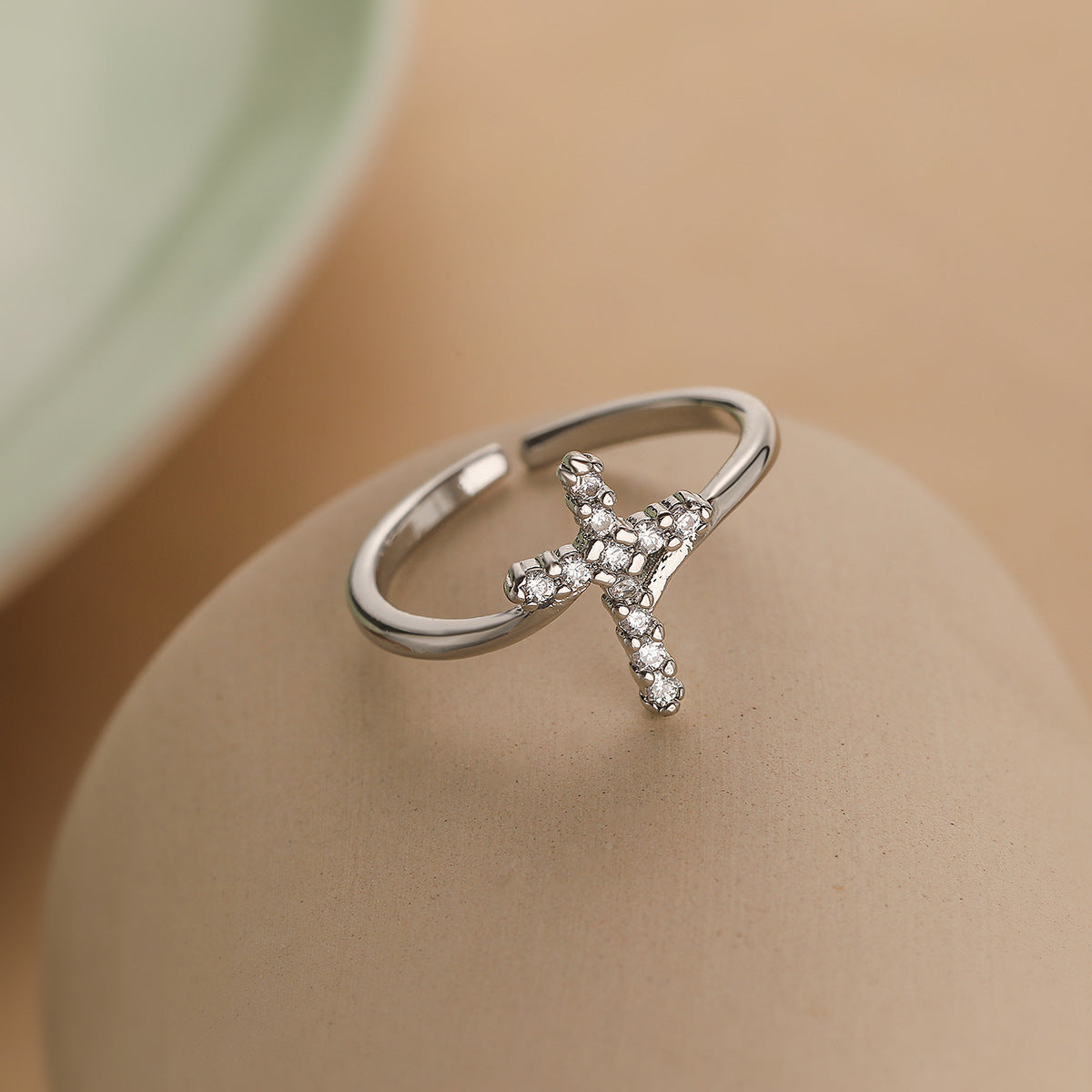 Minimalist Geometric Cross-Shaped Copper Ring with Gold Plating and Zircon Inlay for Women