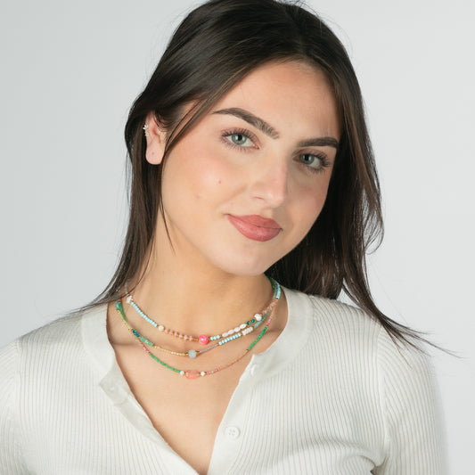 Minimalist Fresh Sweet Leaf-Shaped Stainless Steel Plated Clavicle Necklace with Colorful Beaded Strands and Natural Stone and Pearl Accents