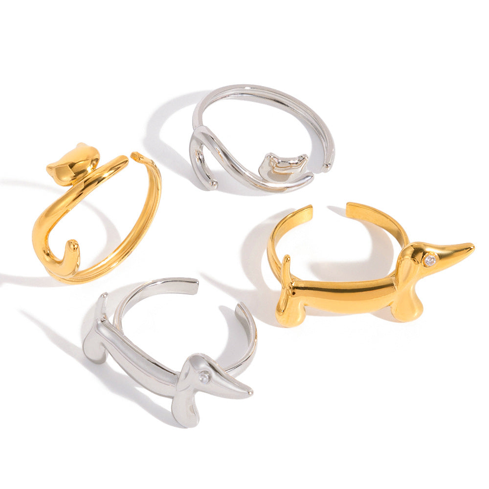 Anillo de gato geométrico de acero de titanio con acabado chapado para mujer, accesorio de moda