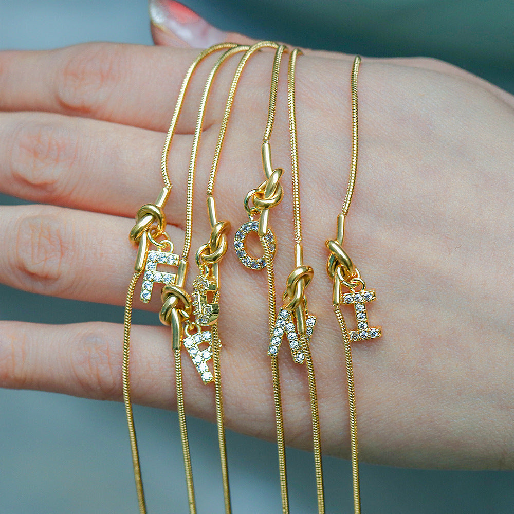 18K Gold Plated Stainless Steel Letter Heart Knot Charm Bar Bracelet for Women
