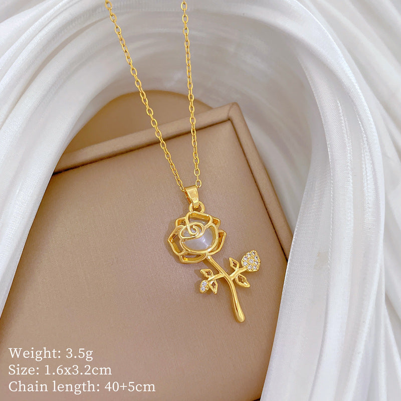 Sweet Floral Cat's Eye Rhinestone Necklace Titanium Steel Cable Chain for Women and Men