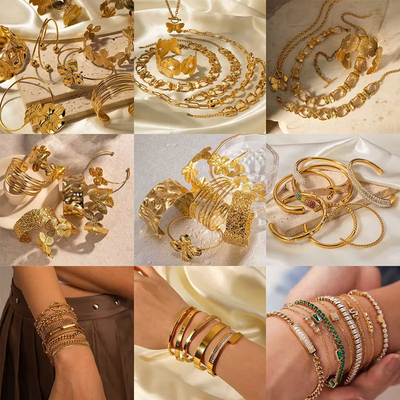 Gold Plated Stainless Steel Round Geometric Women's Bracelet with Cubic Zirconia