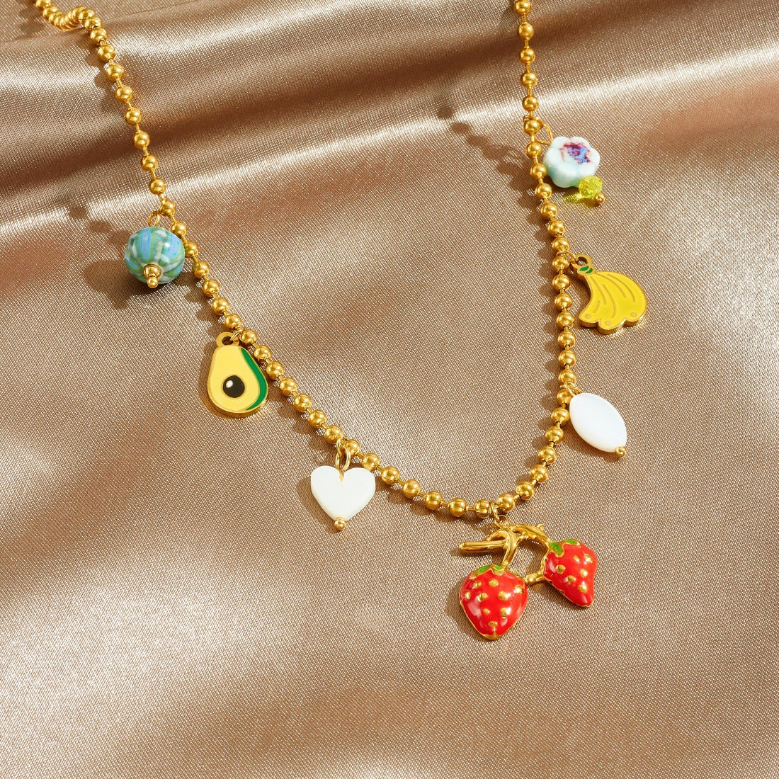 Cartoon Drip Oil Fruit Pendant Stainless Steel Necklace Ball Chain Strawberry Banana Avocado