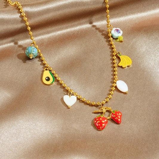 Cartoon Drip Oil Fruit Pendant Stainless Steel Necklace Ball Chain Strawberry Banana Avocado