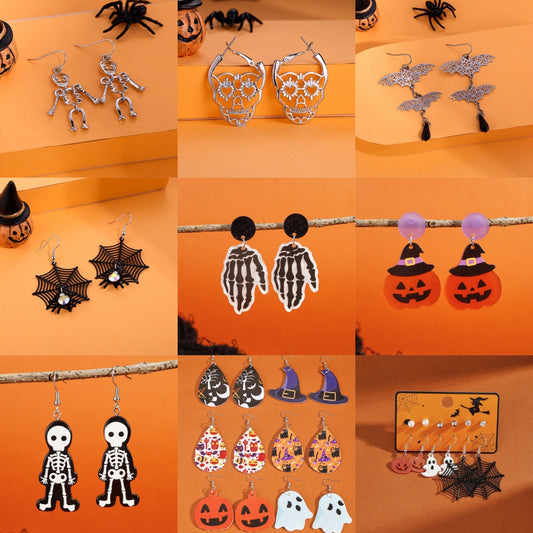 Juego de pendientes de Halloween estilo dibujos animados con diseño de calabaza, aretes de aleación y postes de acero inoxidable para mujer