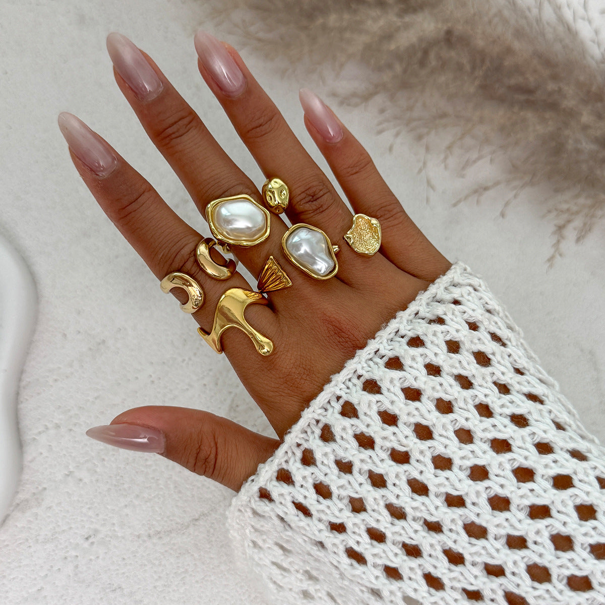Elegant Baroque Faux Pearl Teardrop Oval Alloy Plated Open Joint Ring Set for Women