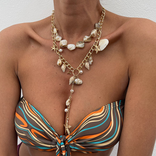 Bohemian Sweet Geometric Alloy Pearl Shell Plated Necklace for Women
