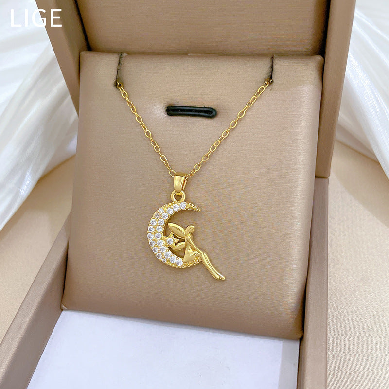 Collar de Luna con Colgante de Pedrería de Lujo para Mujer, Cadena de Acero de Titanio, Joyería Elegante Minimalista para Clavícula