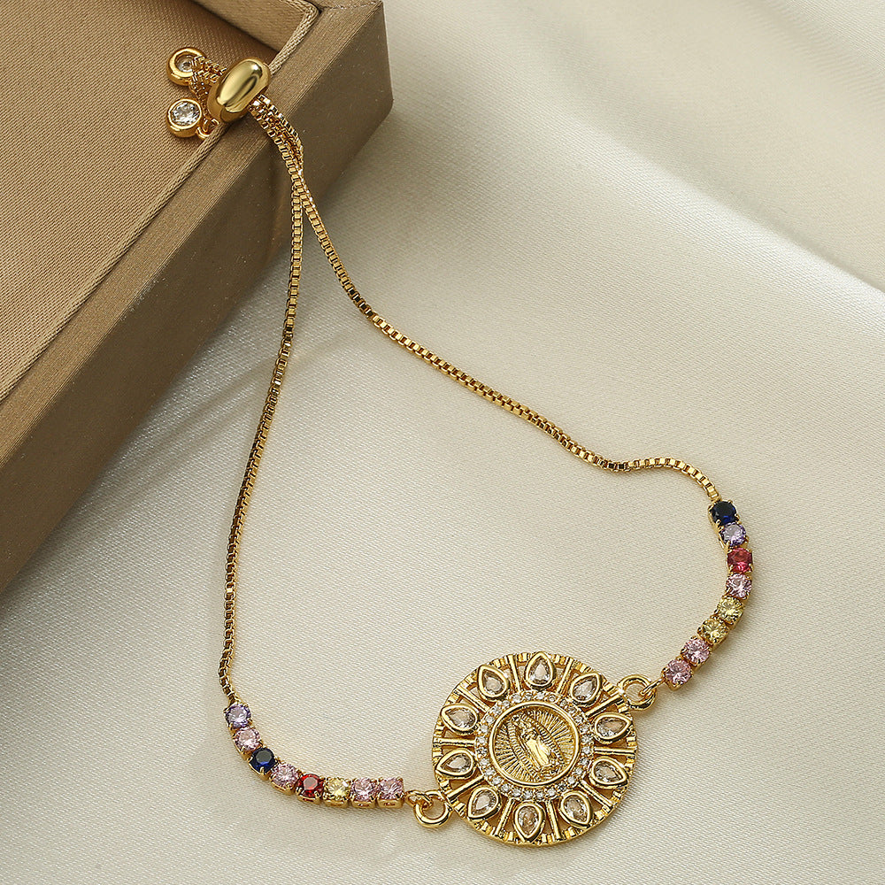 Bracciale geometrico vintage in rame da donna con zirconi micro-incastonati e ciondolo della Vergine Maria
